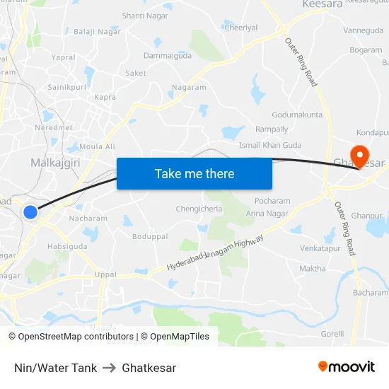 Nin/Water Tank to Ghatkesar map
