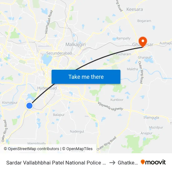 Sardar Vallabhbhai Patel National Police Academy to Ghatkesar map
