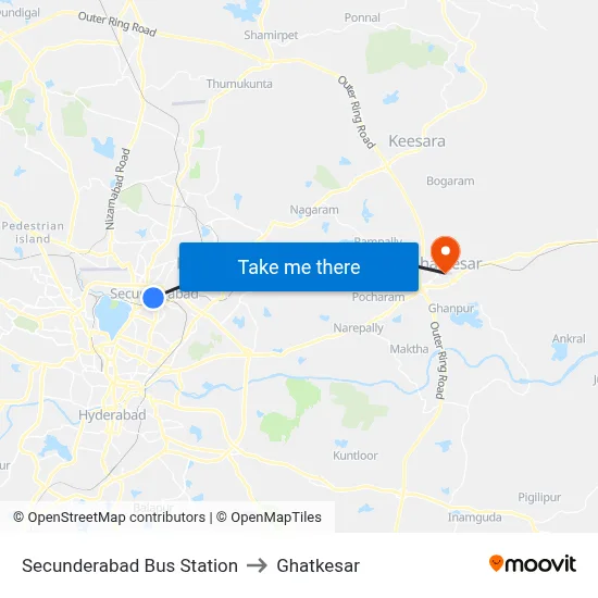 Secunderabad Bus Station to Ghatkesar map