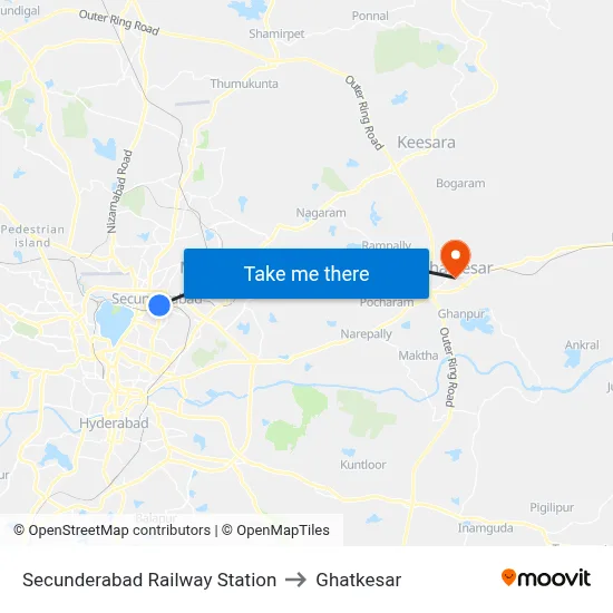 Secunderabad Railway Station to Ghatkesar map