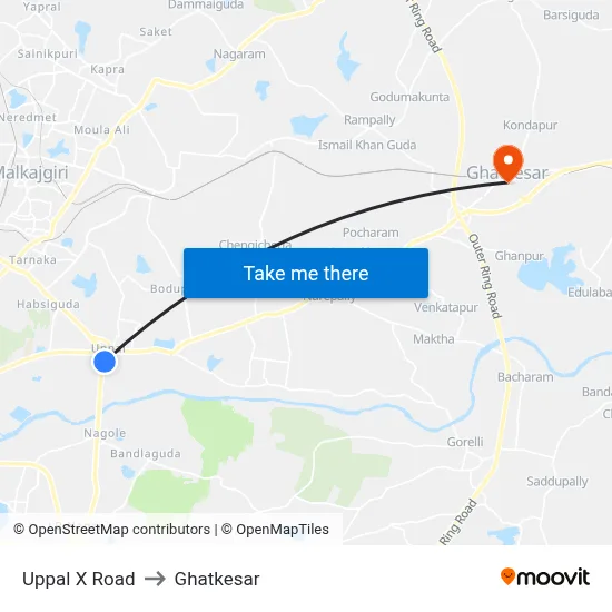 Uppal X Road to Ghatkesar map
