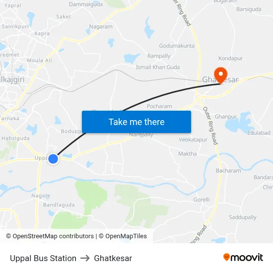 Uppal Bus Station to Ghatkesar map