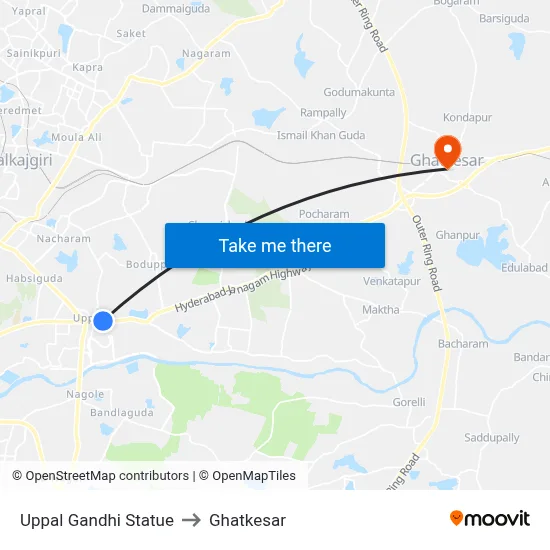 Uppal Gandhi Statue to Ghatkesar map