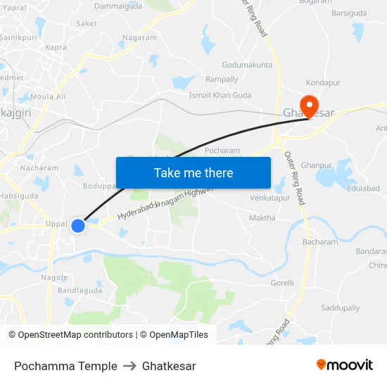 Pochamma Temple to Ghatkesar map