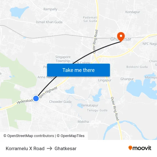 Korramelu X Road to Ghatkesar map