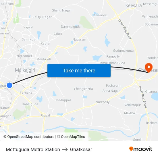 Mettuguda Metro Station to Ghatkesar map