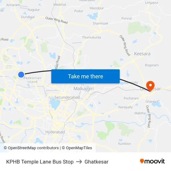 KPHB Temple Lane Bus Stop to Ghatkesar map