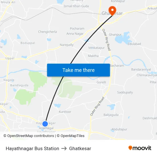 Hayathnagar Bus Station to Ghatkesar map