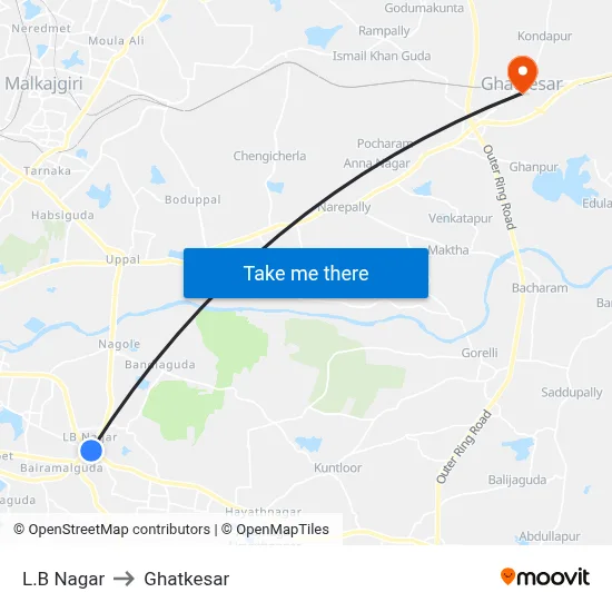 L.B Nagar to Ghatkesar map