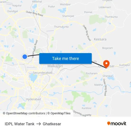 IDPL Water Tank to Ghatkesar map