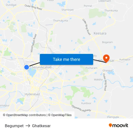 Begumpet to Ghatkesar map