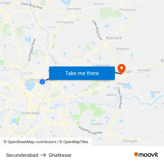 Secunderabad to Ghatkesar map