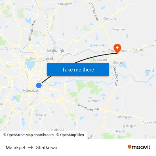 Malakpet to Ghatkesar map