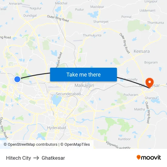 Hitech City to Ghatkesar map