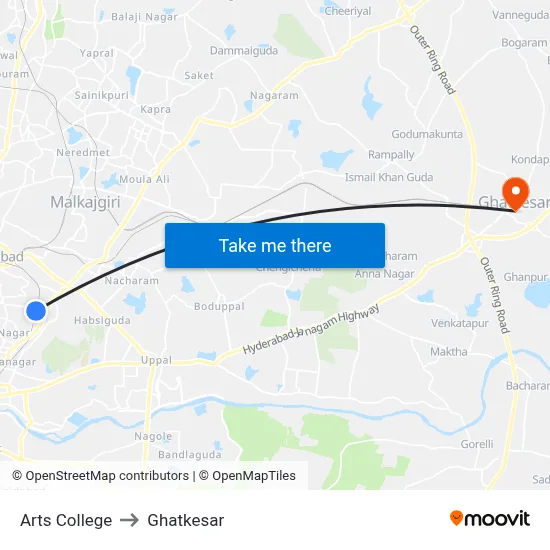Arts College to Ghatkesar map