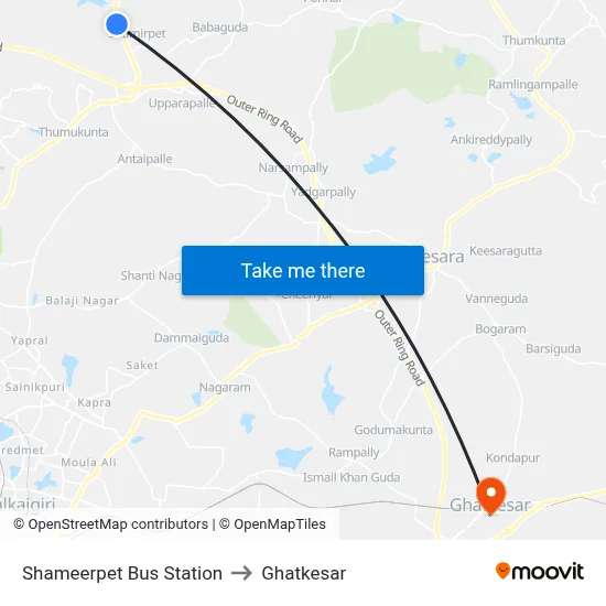 Shameerpet Bus Station to Ghatkesar map
