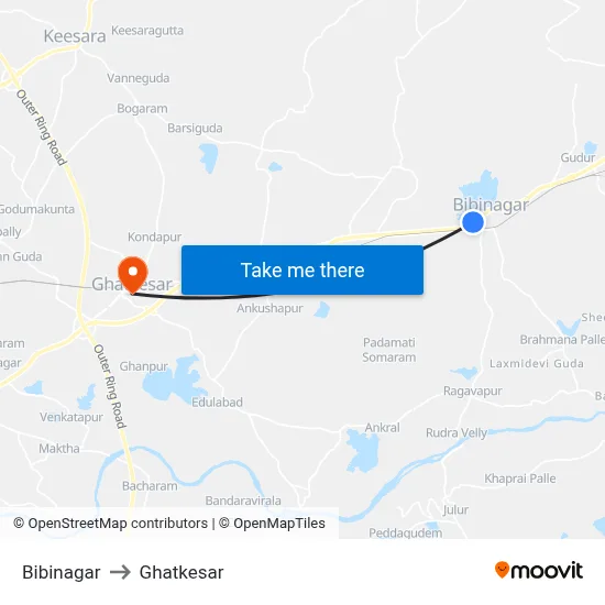 Bibinagar to Ghatkesar map