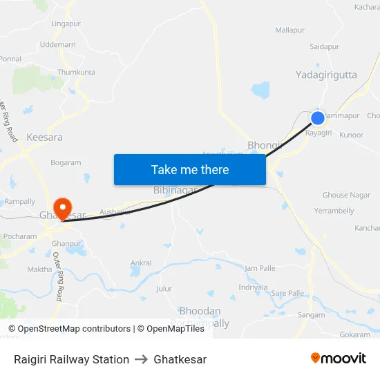Raigiri Railway Station to Ghatkesar map