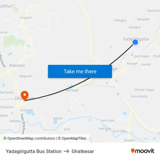 Yadagirigutta Bus Station to Ghatkesar map