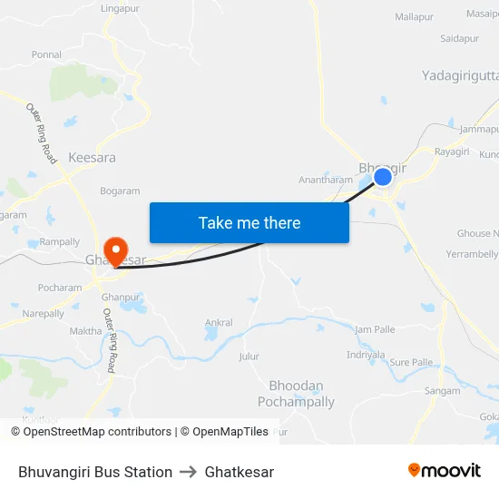 Bhuvangiri Bus Station to Ghatkesar map
