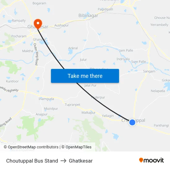 Choutuppal Bus Stand to Ghatkesar map