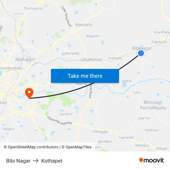 Bibi Nagar to Kothapet map
