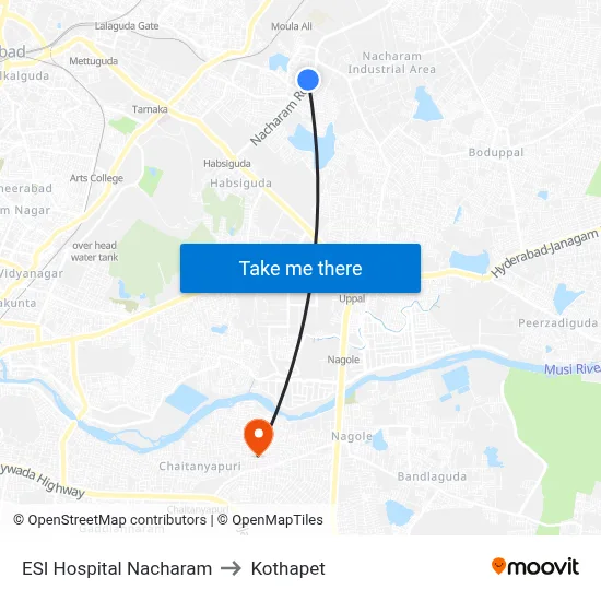 ESI Hospital Nacharam to Kothapet map