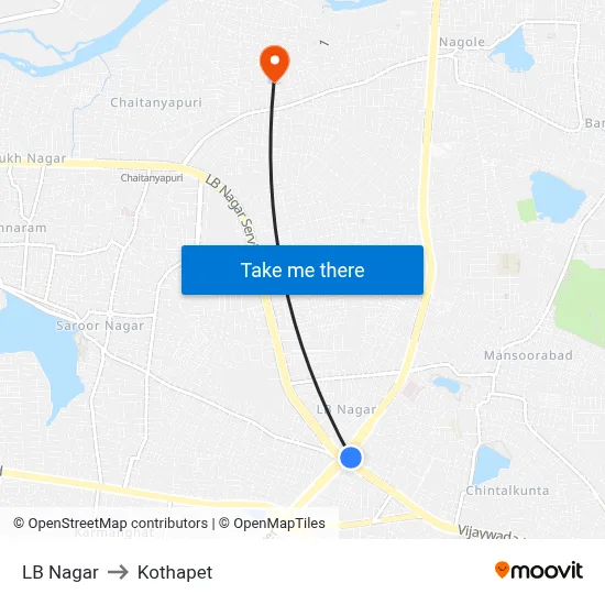 LB Nagar to Kothapet map