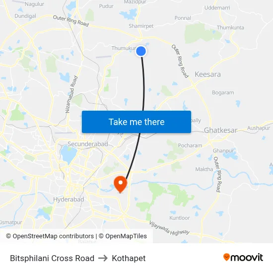 Bitsphilani Cross Road to Kothapet map