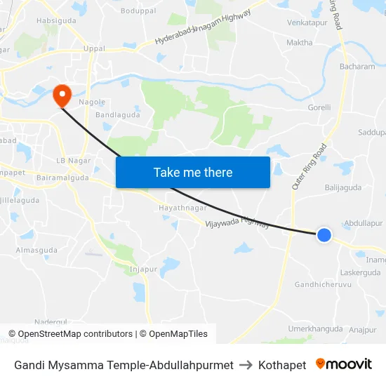 Gandi Mysamma Temple-Abdullahpurmet to Kothapet map