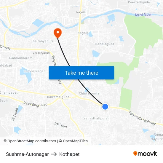 Sushma-Autonagar to Kothapet map