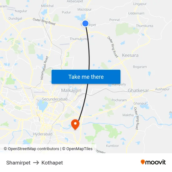 Shamirpet to Kothapet map