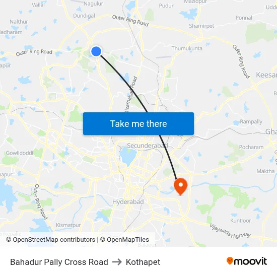 Bahadur Pally Cross Road to Kothapet map