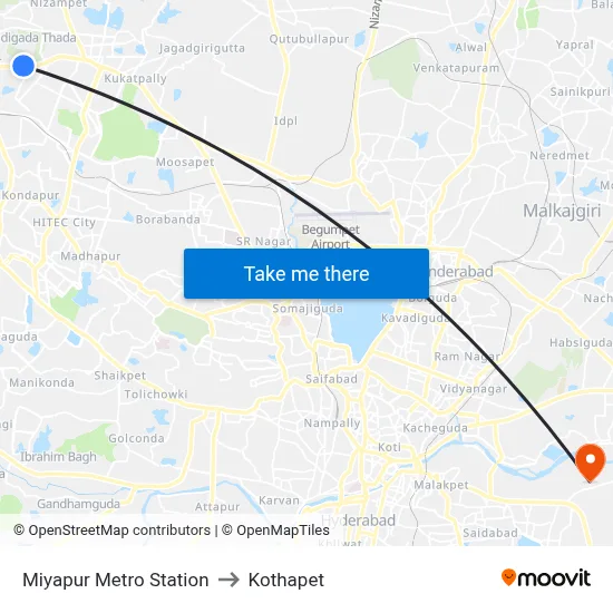 Miyapur Metro Station to Kothapet map