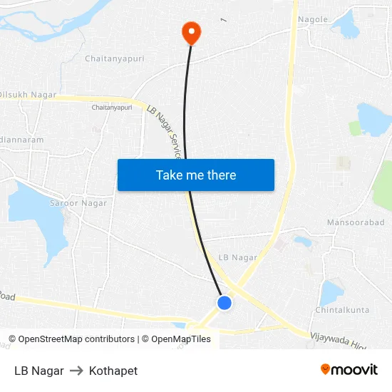 LB Nagar to Kothapet map