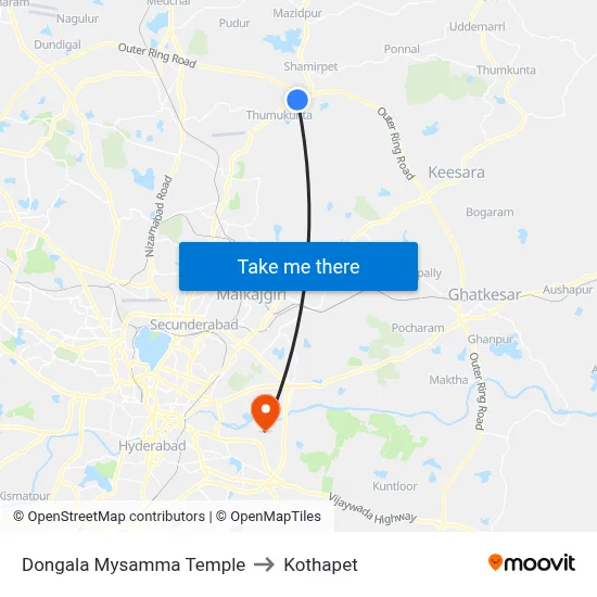 Dongala Mysamma Temple to Kothapet map