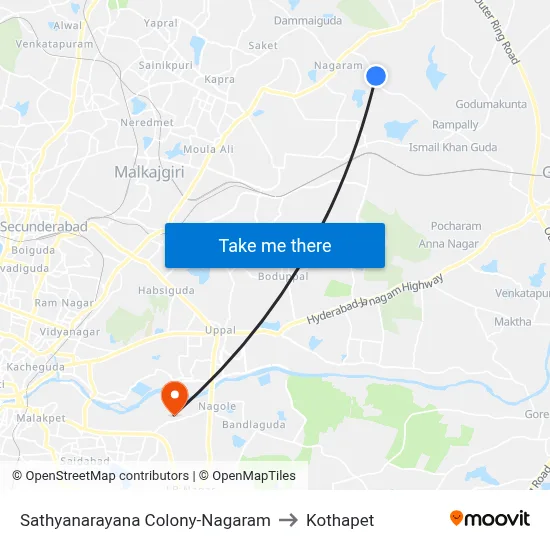 Sathyanarayana Colony-Nagaram to Kothapet map