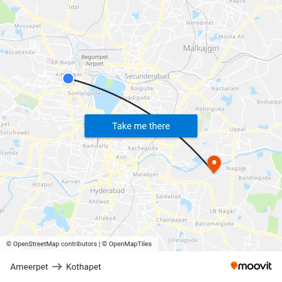 Ameerpet to Kothapet map