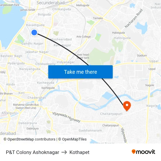 P&T Colony Ashoknagar to Kothapet map