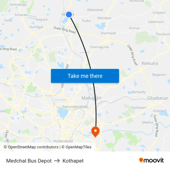 Medchal Bus Depot to Kothapet map