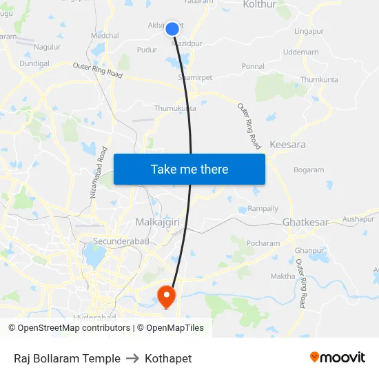 Raj Bollaram Temple to Kothapet map
