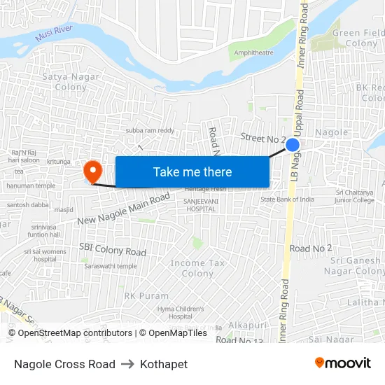 Nagole Cross Road to Kothapet map