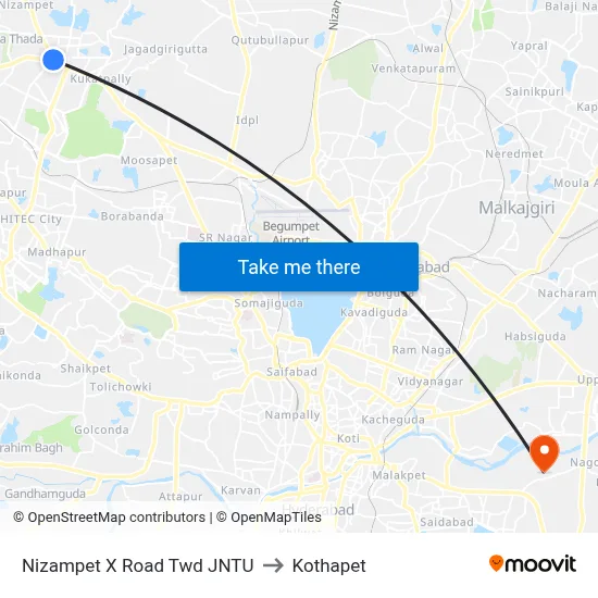 Nizampet X Road  Twd JNTU to Kothapet map