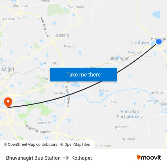 Bhuvanagiri Bus Station to Kothapet map