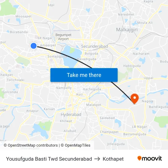 Yousufguda Basti  Twd Secunderabad to Kothapet map