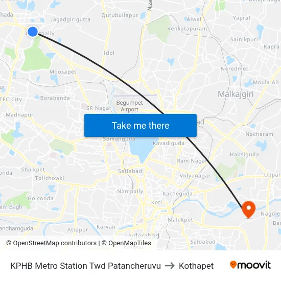 KPHB Metro Station Twd Patancheruvu to Kothapet map