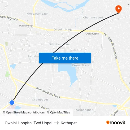 Owaisi Hospital Twd Uppal to Kothapet map