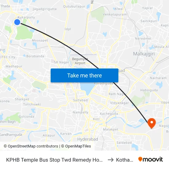 KPHB Temple Bus Stop Twd Remedy Hospital to Kothapet map