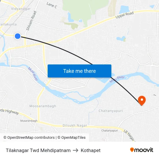 Tilaknagar Twd Mehdipatnam to Kothapet map