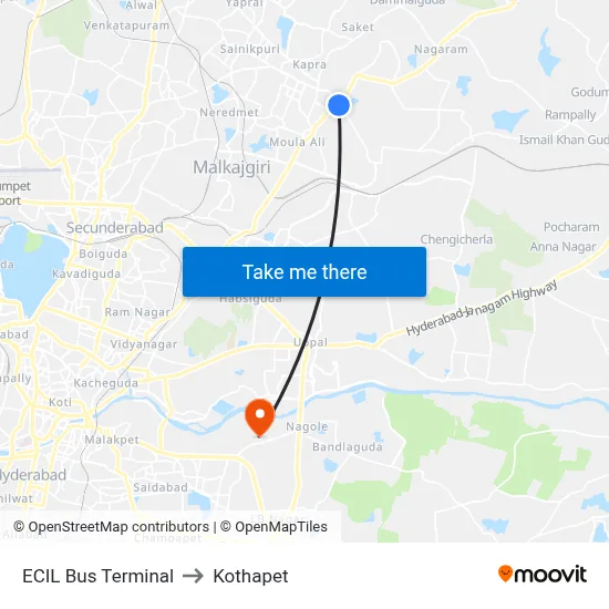 ECIL Bus Terminal to Kothapet map